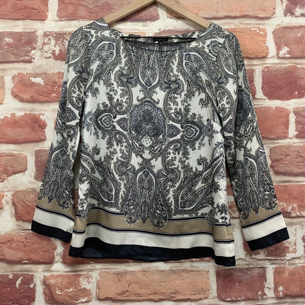 Talbots Top Shirt Women's Size 2 Black White Tan Boho Floral Paisley Blouse